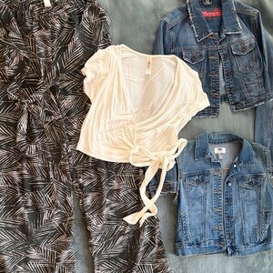 mahina Cream Wrap Crop Top with Blue Denim Jean Jacket